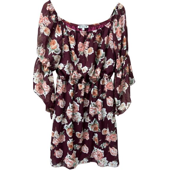 Wilde Floral Boho Dress Large Off Shoulder Burgundy Sheer‎ Ruffle Sleeve Cottage - Picture 1 of 8